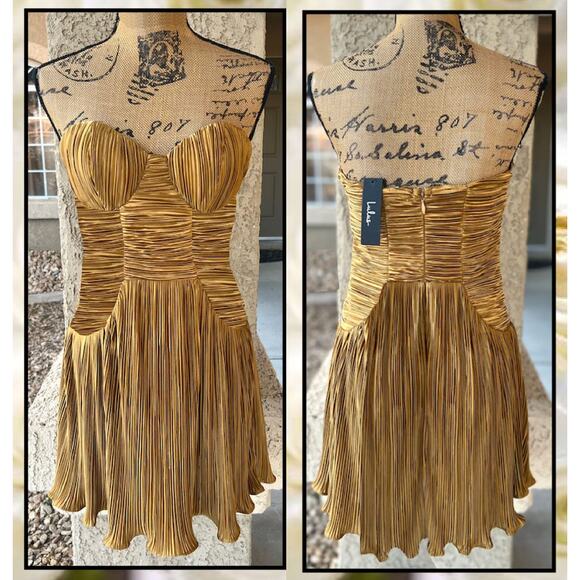 Lulus Gold Plisse Strapless Drop Waist Deeply Glamorous Mini Dress Size M NEW - Picture 6 of 8